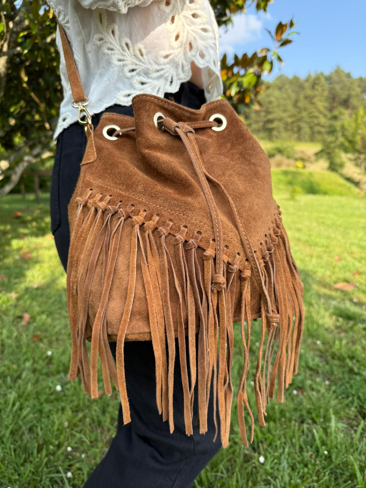 Sac en cuir marron à franges